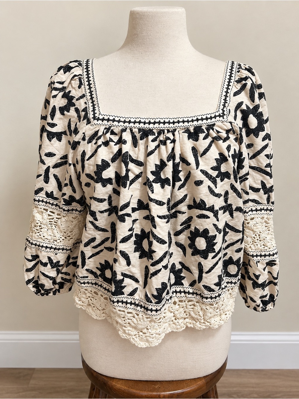 Boho Square-Neck Blouse - Black Floral on Cream